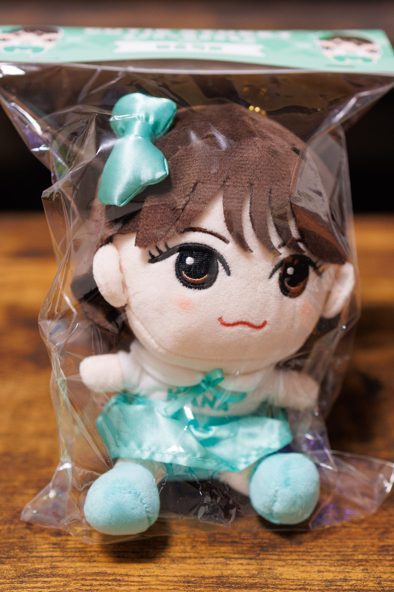 ビニールパッケージに入った、板倉可奈さんの特徴がデザインに落とし込まれているぬいぐるみです。